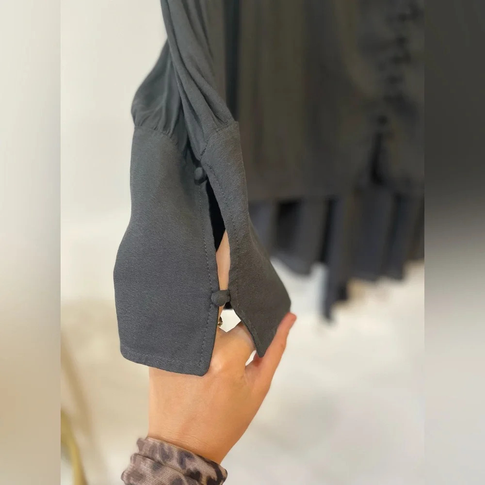 Free People||Gray Black Blouse Draped A-Line Fit Covered Button Front Tie Neck - Picture 5 of 7